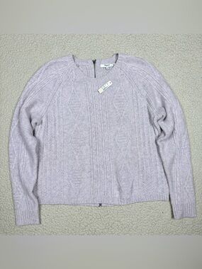 Madewell Full Zip Back Merino Wool Cable Knit Crewneck Sweater